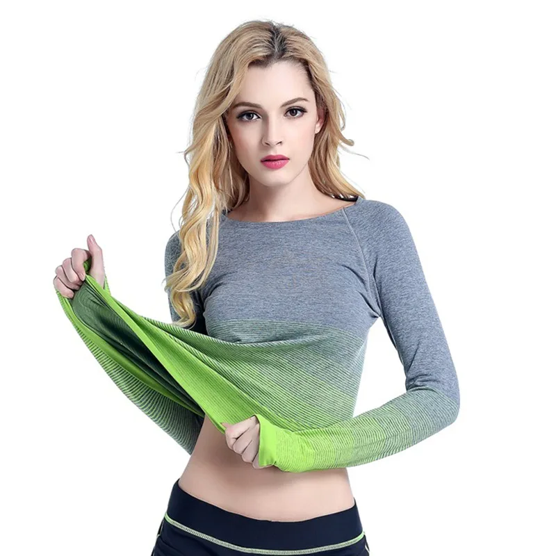 Женская Профессиональная спортивная футболка для йоги градиентного цвета, гигроскопичная быстросохнущая эластичная футболка с длинными рукавами для фитнеса, женские футболки