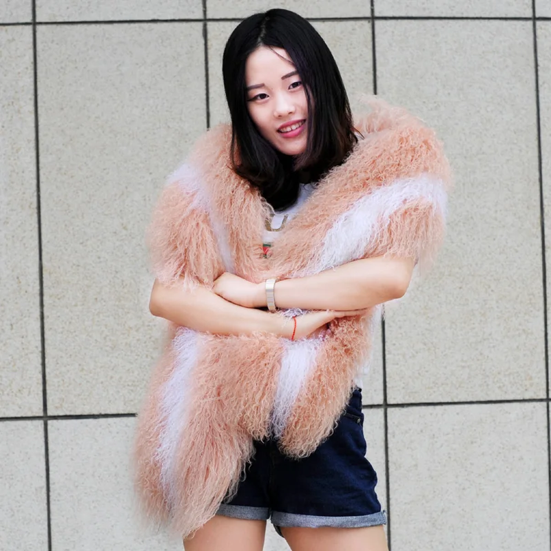 

CX-S-178B New Women Fashion Pink Color Mongolian Lamb Fur Shawl Scarf