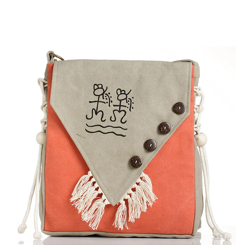 Женская сумка через плечо с бахромой в стиле ретро, парусиновая сумка-мессенджер, Национальный персонаж Dongba, ручная работа, сумка на плечо, этническая Повседневная сумка для девочек - Цвет: gray