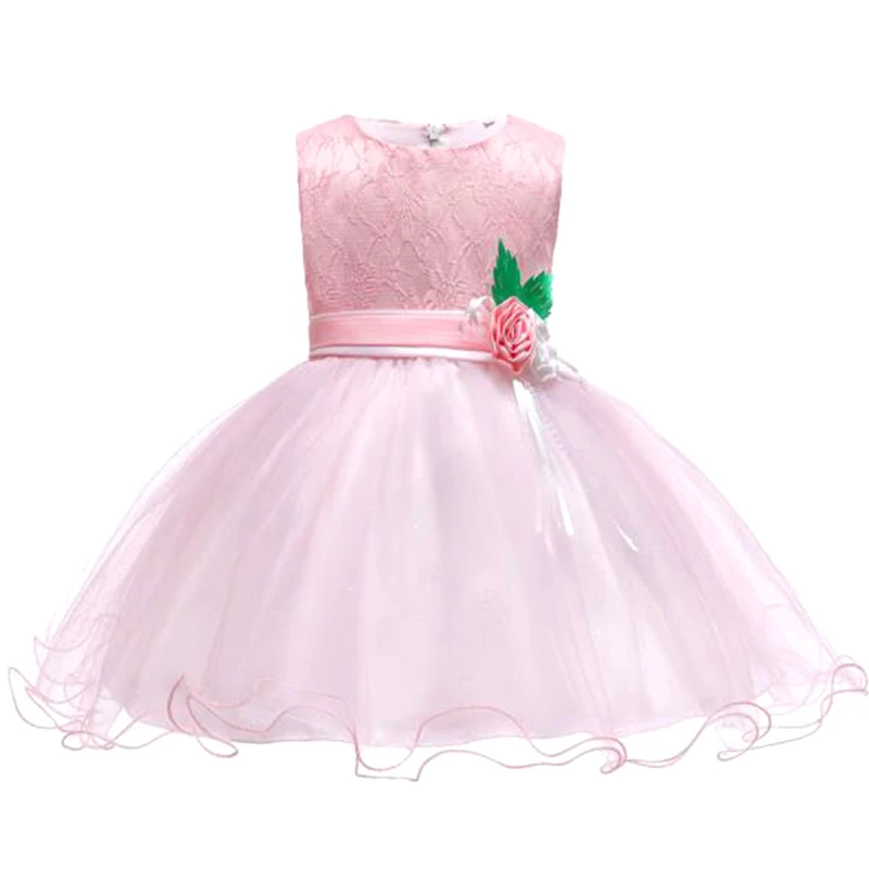 Новогоднее кружевное платье с цветочным принтом для маленьких девочек платье для новорожденных девочек 1 год Рождественская одежда для дня рождения и крещения - Цвет: Pink