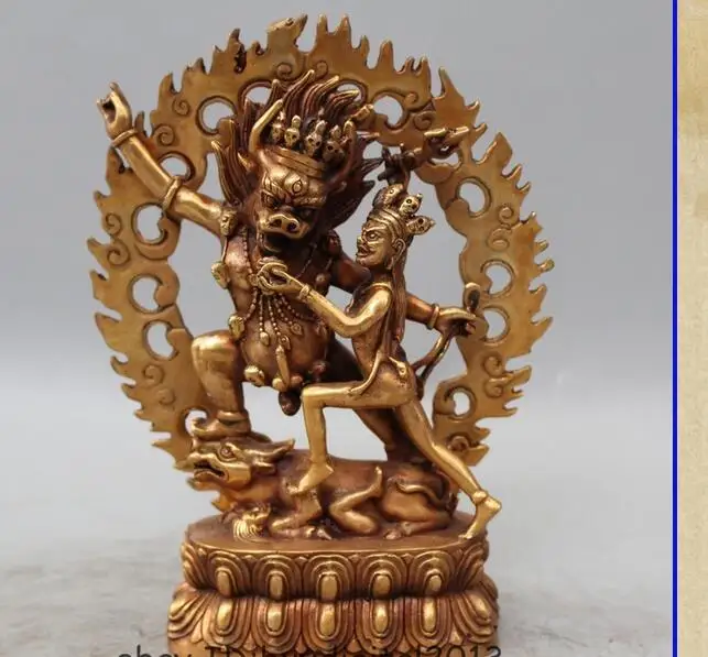 

Copper crafts decoration brass factory 9" Old Tibet Buddhism BRASS Gilt Ox Head Mandkesvara Yab-Yum Buddha Statue