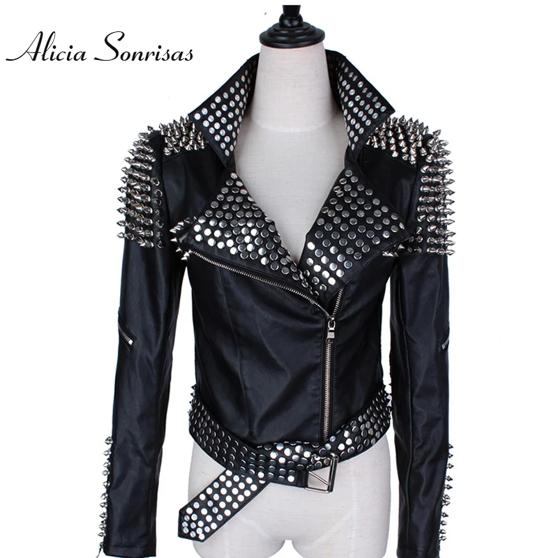 Chaqueta de cuero negro mujeres punk Remaches studded