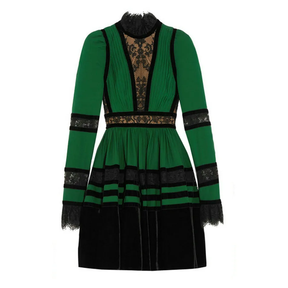 Новое Осеннее дизайнерское платье, женское высококачественное плиссированное платье с длинным рукавом и высоким воротником, с кружевами, зеленое и черное - Цвет: Зеленый