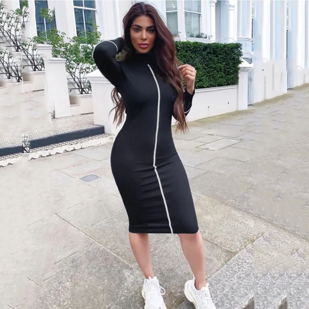 

Women Autumn Dress Vestido 2019 High Quality Brand Stripe Long Sleeve Slim Bodycon Tunic Pencil Dresses Feminine