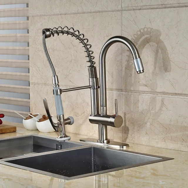 Cheap Contemporary Nickel Brushed Spring Kitchen Faucet 2 Spout Hand Shower Mixer with Cover Plate Cheap Contemporary Nickel Brushed Spring Kitchen Faucet 2 Spout Hand Shower Mixer with Cover Plate