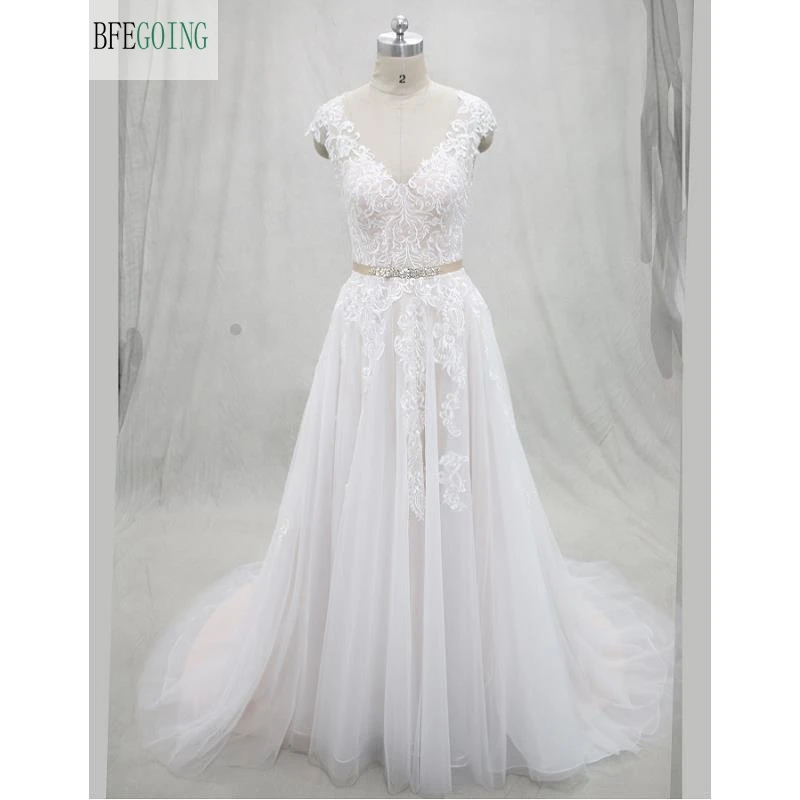 

Ivory Lace Applique Tulle Floor-Length V-Neck A-line Wedding dresses Court Train Button Cap Sleeves Custom made