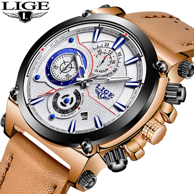 

LIGE New Mens Watches Top Brand Luxury Quartz Gold Watch Men Casual Leather Military Waterproof Sport Watch Relogio Masculino