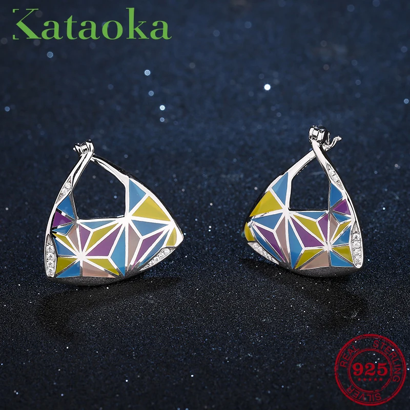 Personalities Earrings For Women Real 925 Sterling Silver Colourful Geometric shape pattern Enamel Drop Earrings Party Jewelry