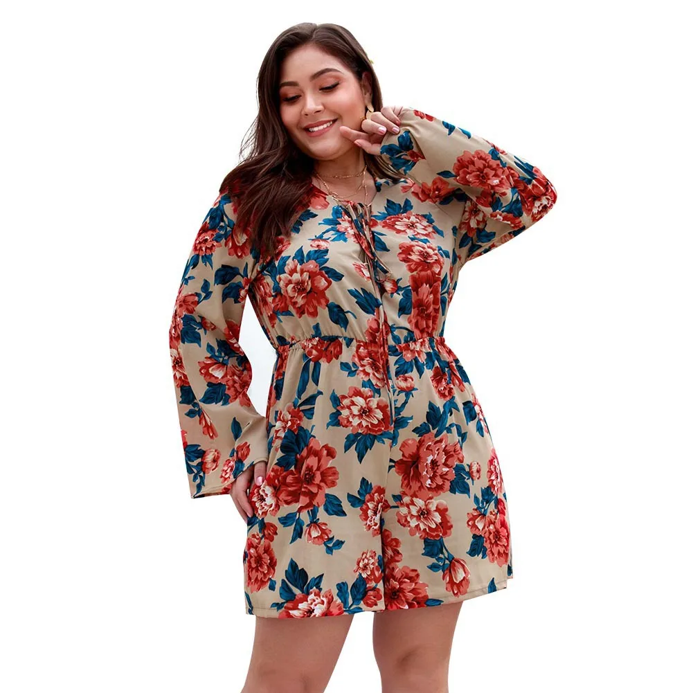 

Plus size bohemia floral print bodycon women playsuit V neck casual short summer romper full flare sleeve elegant women playsuit