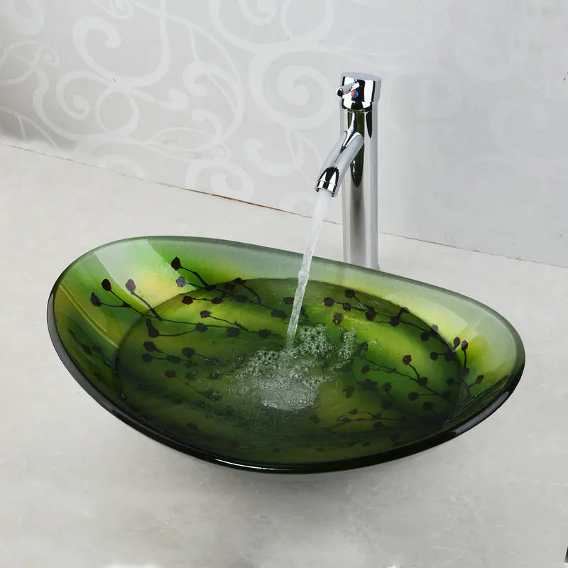 JIENI зеленый овальный стеклянный умывальник сосуд раковины Ванная комната смеситель умывальник латунь хромированный латунный кран набор w/слив