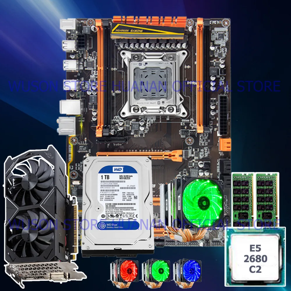 Бренд mobo с M.2 слотом huanan Zhi deluxe X79 материнская плата комплект cpu E5 2680 C2 ram 16G(2*8G) 1 ТБ 3,5 'SATA HDD GTX1050Ti 4G