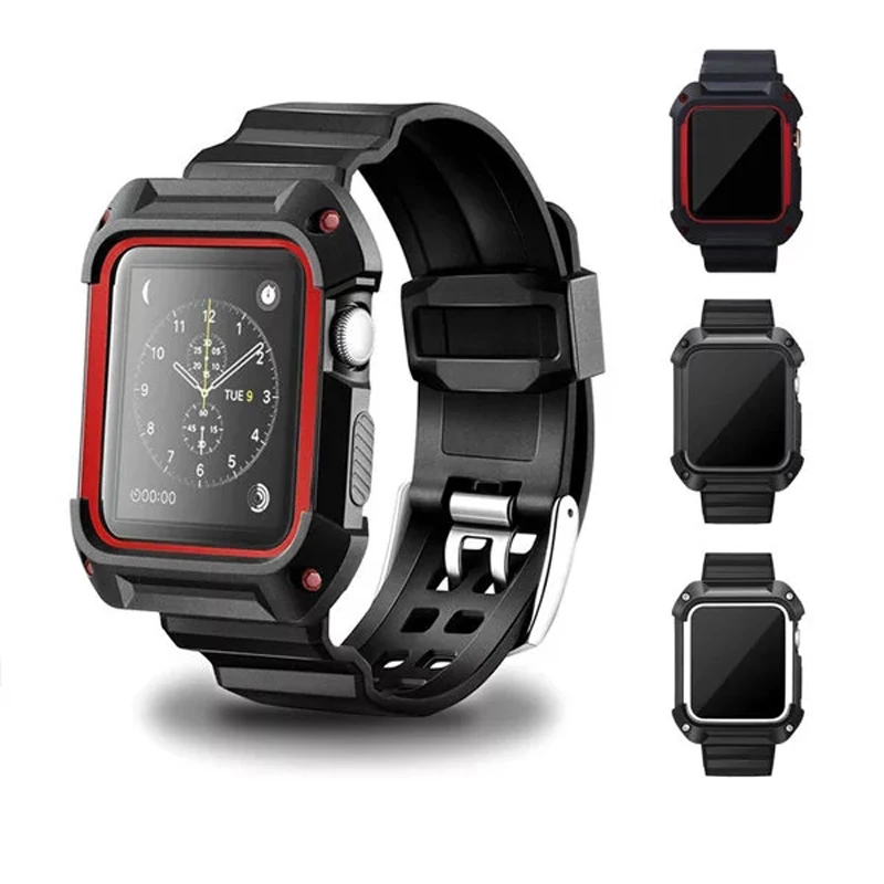 

2 in 1 TPU Rubber Watch Band with Rugged Protective Case for 38/42mm Apple Watch Series 1 2 3 iwatch Belt Strap I200.