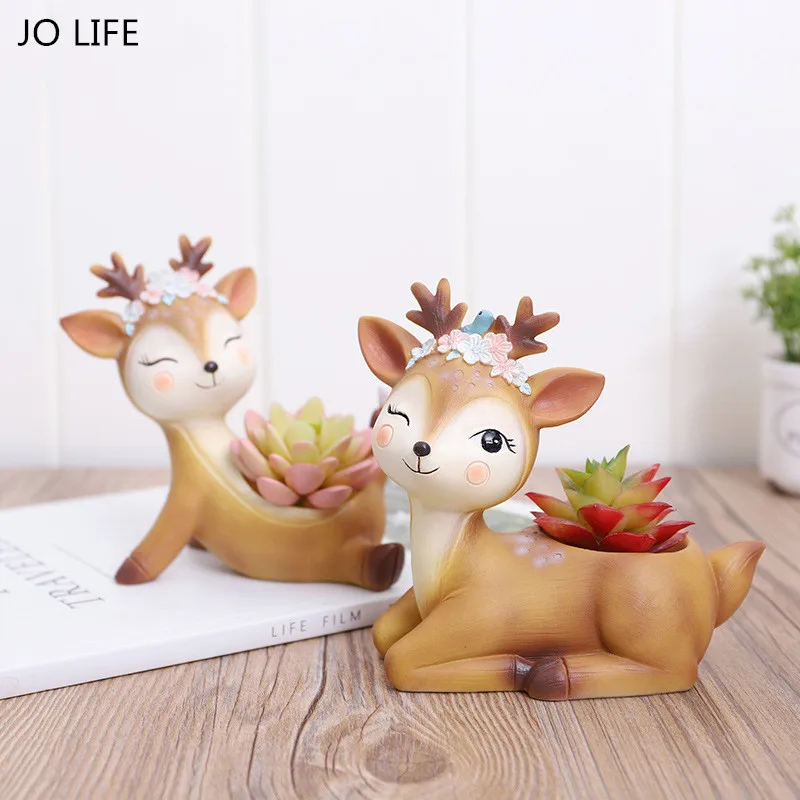 

JO LIFE Cartoon Deer Flowerpot Succulent Plant Pot Home Wedding Decoration Animal Plants Resin Vase Ornament