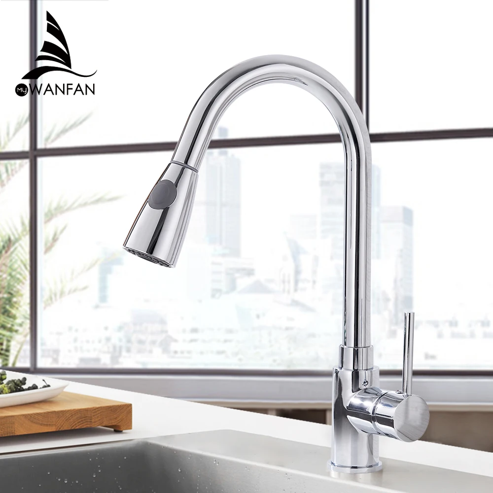  Kitchen Faucets Silver Single Handle Pull Out Kitchen Tap Single Hole Handle Swivel 360 Degree Wate - 1726154306