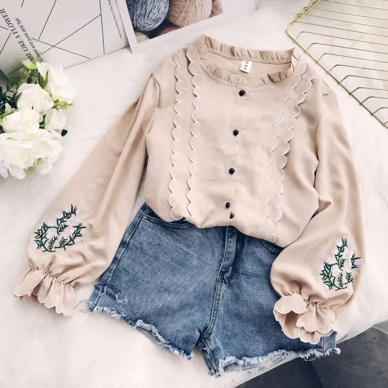 Autumn Women Blending Graceful Wave Ruched Long Lantern Sleeve Embroidery Cardigan Blouse Shirt Ladies Urban Sweet Ruffles Suits