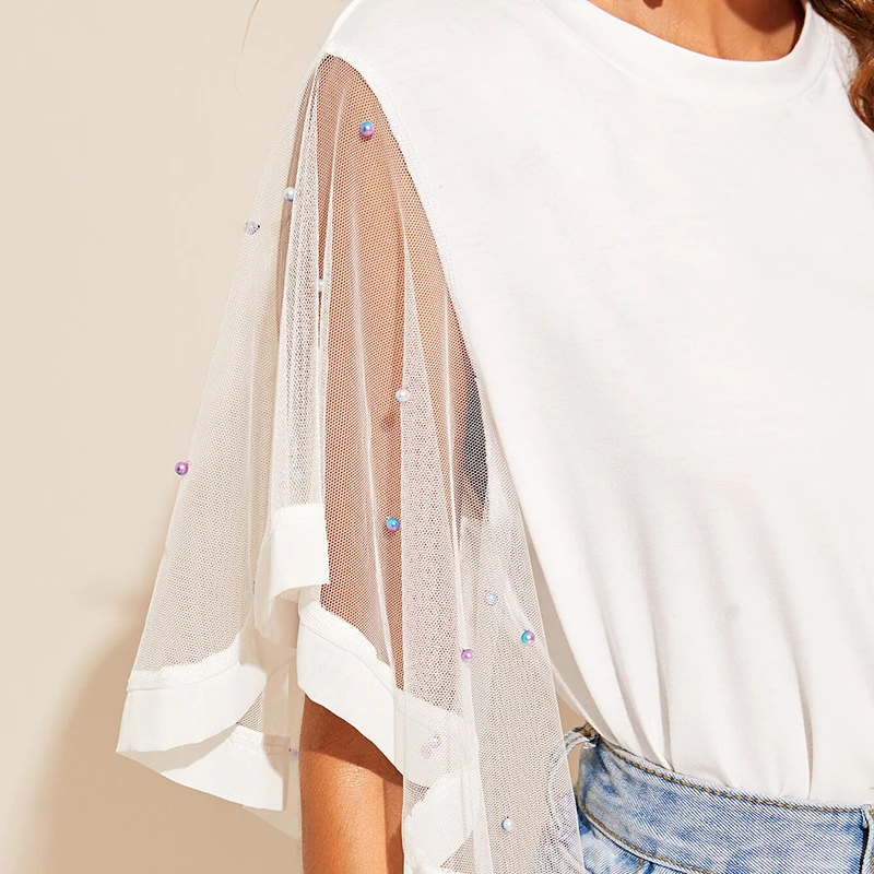 SHEIN Женская Футболка с рукавами-крылышками и жемчужинами, белая однотонная Элегантная футболка с коротким рукавом и круглым вырезом, летние топы