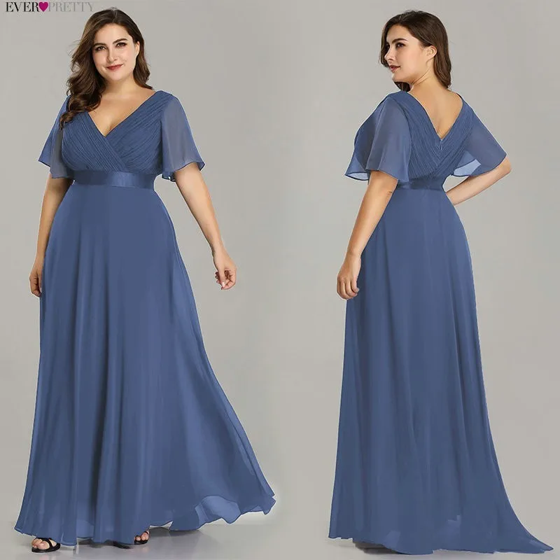 Plus Size Evening Dresses Long Ever Pretty New Dusty Blue Sleeveless V-neck Cheap Summer Formal Gowns Robe Soiree Dubai