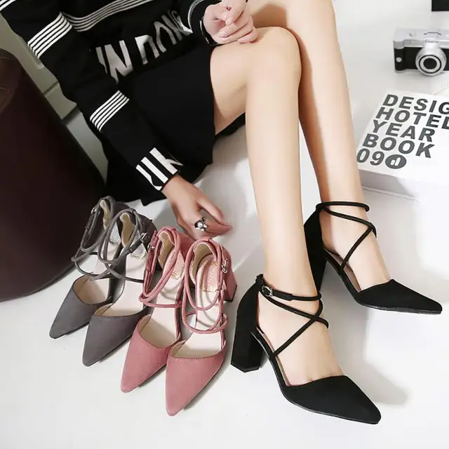 2017 Summer New Women's Block High Heels Suede Leather Shoes Pumps Pointed Sandals for Ladies