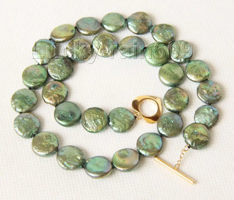 

FREE SHIPPING 17" 12mm coin fastener green pearls necklace filled gold clasp e2256