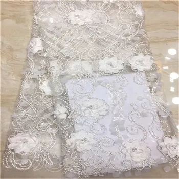 

2019 New style French net lace fabric 3D flower bead white African tulle mesh lace fabric high quality lace nigerian lace fabric