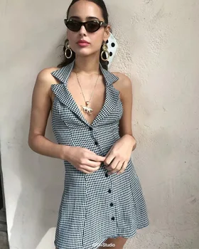 

Summer 2019 Women Wear Back Stars With Retro Lined Plaid Dress With Revers