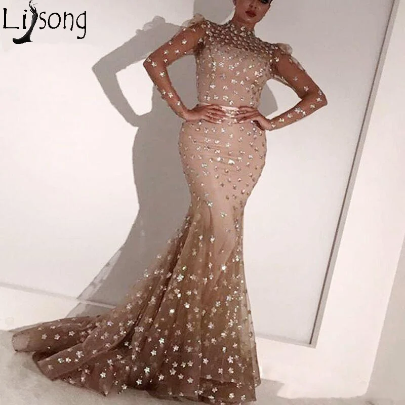 Abendkleider Mermaid Evening Dresses Long Sleeves Formal Arabic Women Sparkly Evening Occasion Gown 2019 Vestido De Festa Longo 169