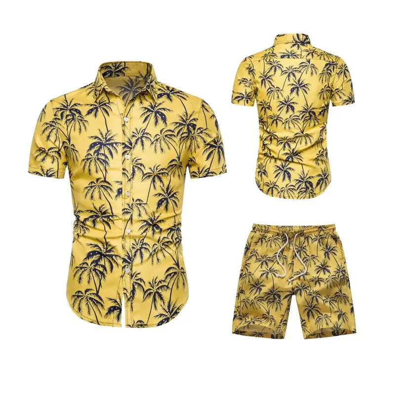 

Men's Set Fashion Shirt with Shorts Casual Shirt Suits Loose Fitness Short Sleeve Cotton Chemise Homme