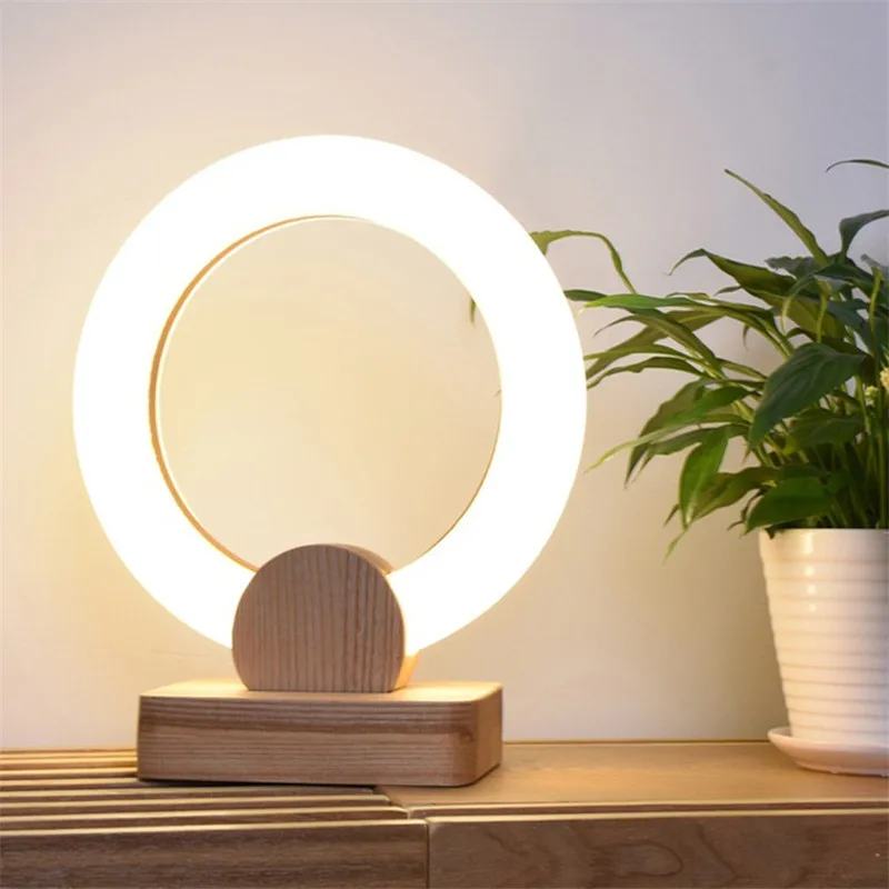 Modern round ring table lamp wood light