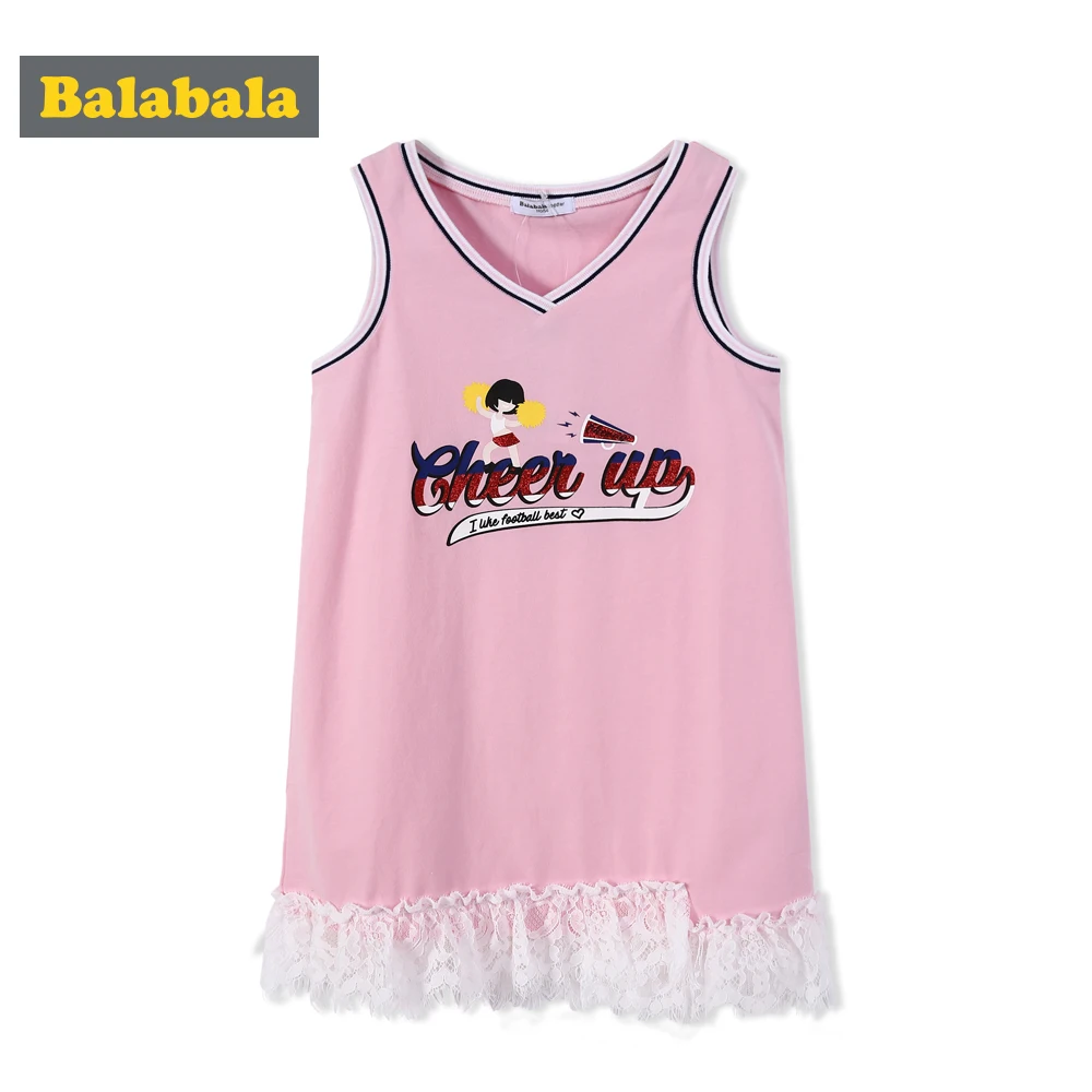 

Balabala toddler girls cotton casual straight dress Sleeveless dresses girl children clothing costume v-neck mesh splicing dress