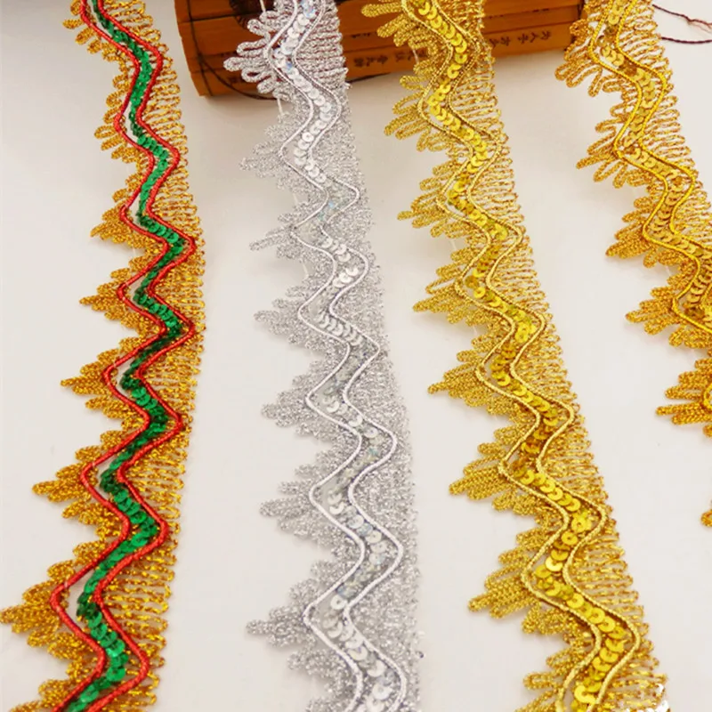 

Sequined Lace Ribbons Cosplay Appliqued Performance Accessories Wave Crochet Lace Gold Silver Braid Trims Gold Sewing Band 3.5cm
