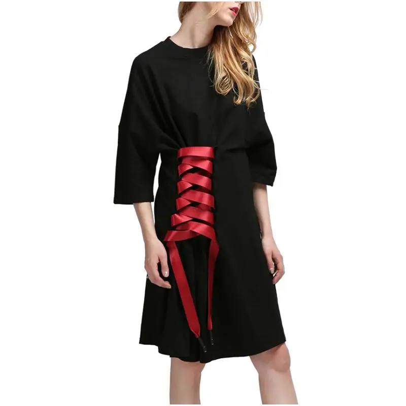 

SNOWINSPRING Women's New Autumn Tops Fashion Spring Solid Casual Loose Dress Female Personality Bandage Long T-shirt Dress