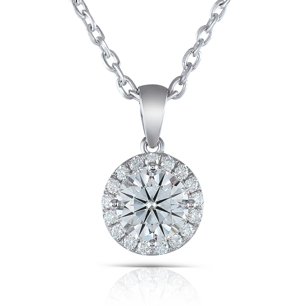 

TransGems Solid 10K White Gold 1 Carat Center 6.5mm F Color Moissanite Halo Pendant for Women Gift Slide Pendant with Moissanite