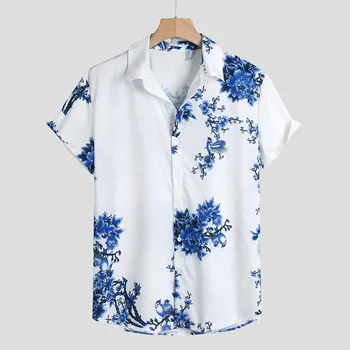 

Mens Loose Lump Chest Print Short Sleeve Turn-down Collar Round Hem Shirts Casual Beach Top Summer Vacation Clothes #GM