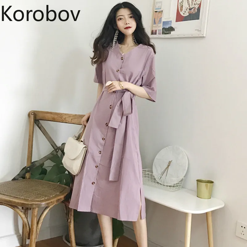

Korobov Korean Summer Single Breasted Long Dress Female Short Sleeve V-Neck Preppy Style Dresses Vintage Solid Vestidos 77541