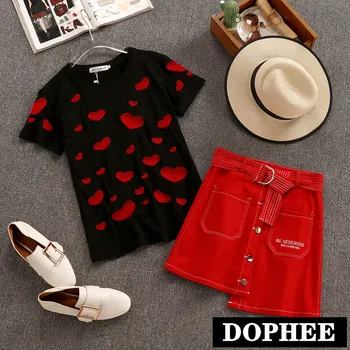 

2019 New Net Short Sleeve Red Heart Embroidery Short Sleeve Black Tshirt + Irregular Short Skirt Two-piece Sets for Girls