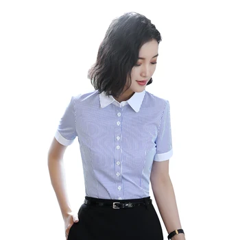 

Summer Formal Plus Size Women Shirt OL Professional Slim Chiffon Stripe Blouse Office Ladies Elegant Blue Work Wear Tops