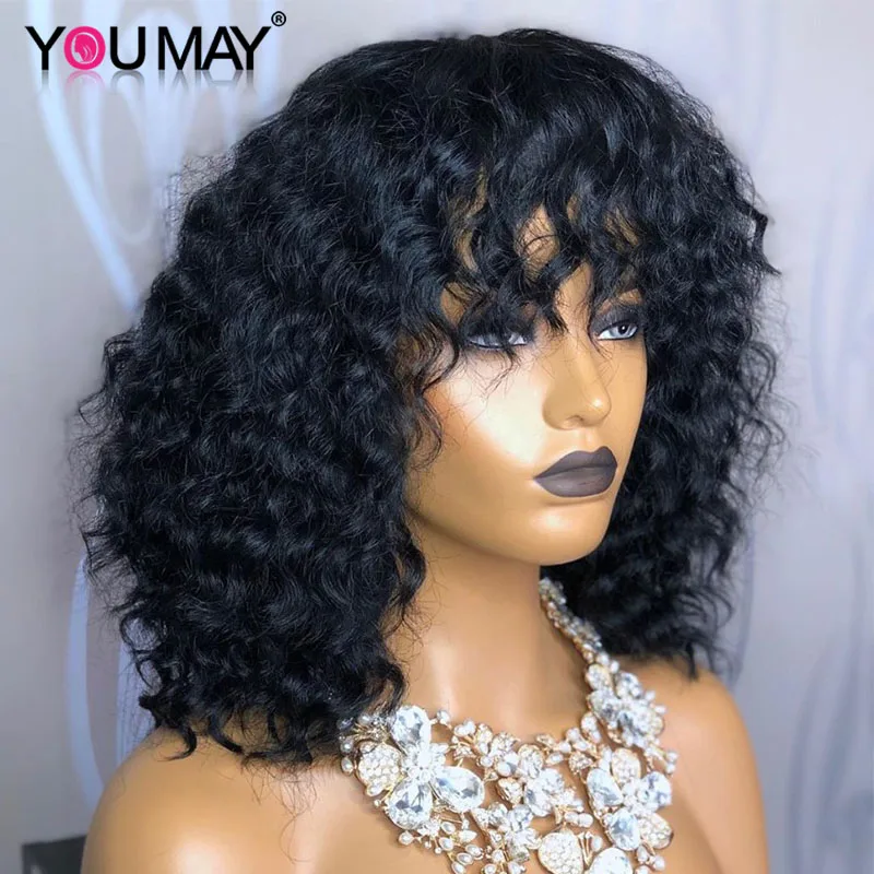 Comprar Pelucas de pelo humano rizadas brasileñas de 250% densidad con flequillo pelucas frontales de encaje 13x6 Bob para mujeres pelucas de encaje 360 con flequillo que puedes Remy