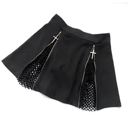 Harajuku для женщин короткая юбка крест молния кружевная ткань выдалбливают мини юбки в стиле панк черный цвет