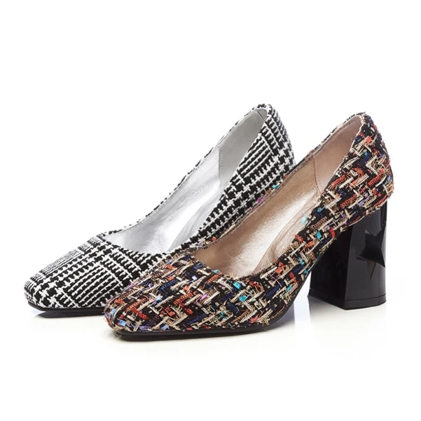 D Knight Women Pumps Fashion Plus Size 32-43 Elegant Round Toe Square High Heels New Ladies Woman Shoes Black White Flower I88 (7)