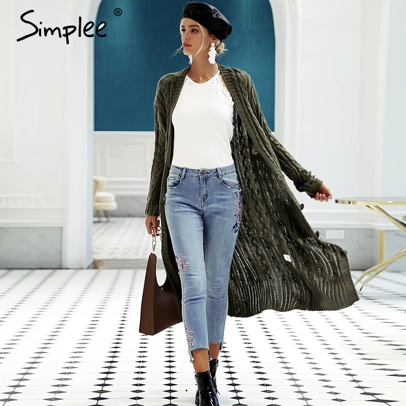 Simplee V الرقبة محبوك طويلة سترة عارضة الخريف الشتاء سترة 2018 المرأة سترة فتاة بهدوء جيوب سترة بالأزرار