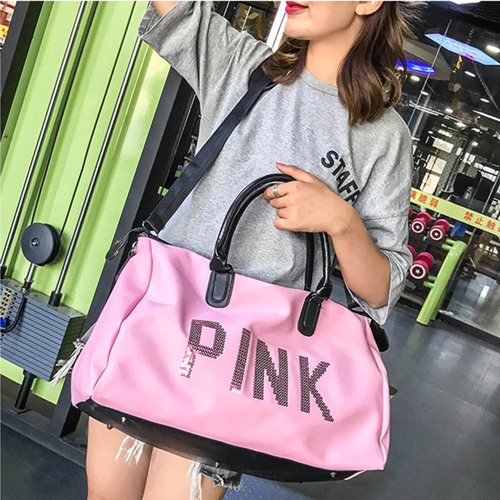 2019 Wobag Ladies Black Travel Bag Pink Sequins Shoulder Bag Women Handbag Ladies Weekend Portable Duffel Bag Waterproof Wash24