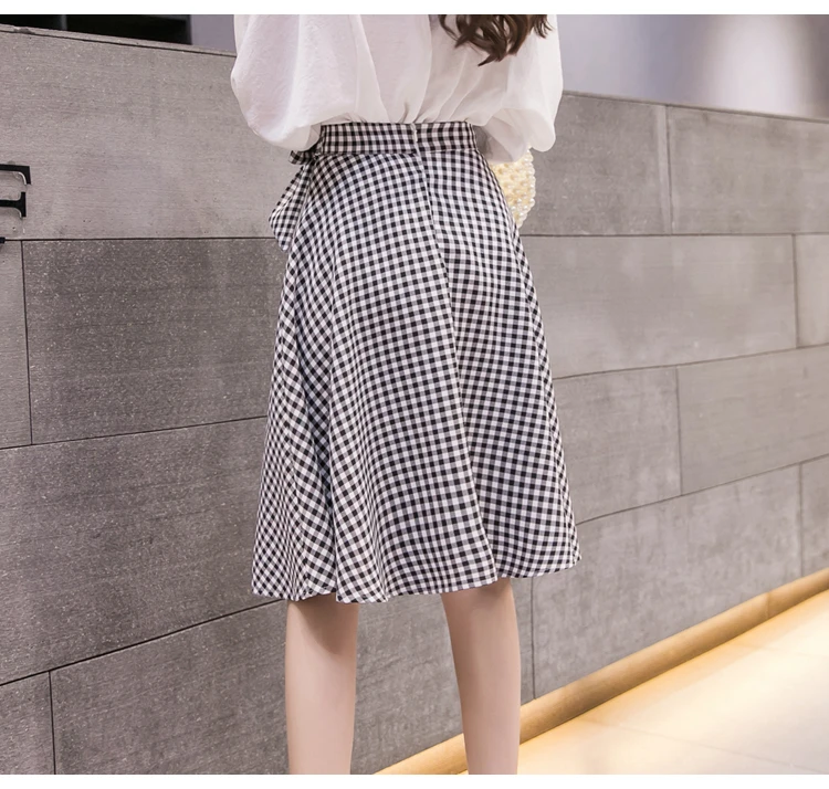 New Korean Chic Plaid Lace-Up High Waist Umbrella Skirt Women Summer Casual A-line Knee-length Skirts Womens Midi Skirt