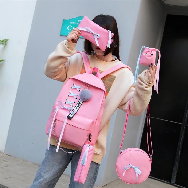 Women Backpack Korean Fashion Ribbon Bow 5pcs Cover Mother Bag Wild Large-capacity School Bag