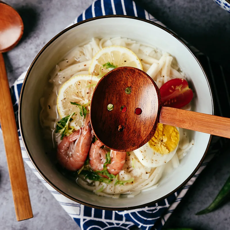 2Pcs Wooden Spoons Large Wood Spoon Set Japanese Style Ramen Soup Ladle Tablespoon Long Handled Kitchen Strainer Spoon Tableware (4)