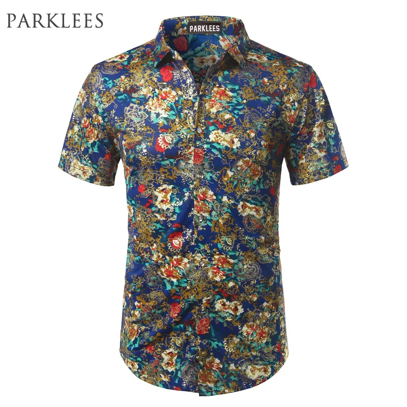 Blue Velvet Floral Shirt Men Brand Design Silk Mens Dress Shirts Casual