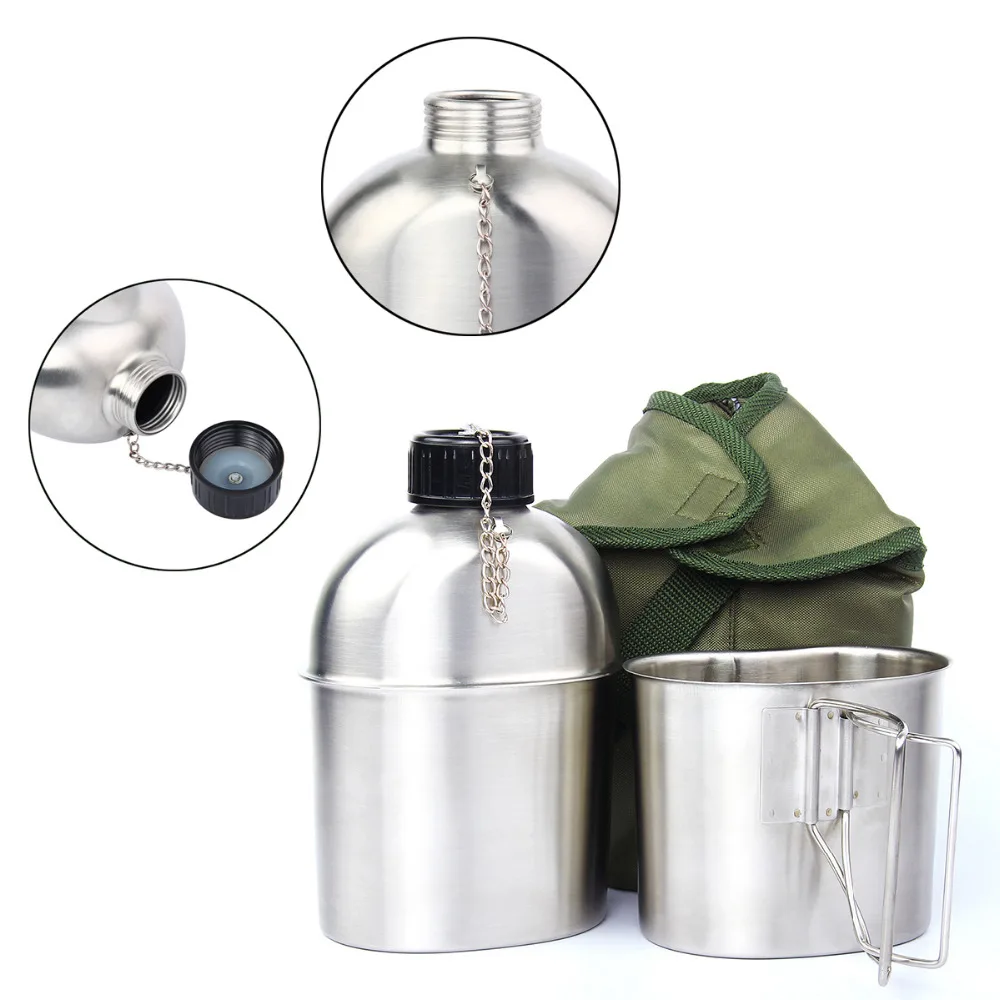  Stainless Steel Military Canteen 1L Portable with 0.5 L Cup Green Cover Camping Hiking Army Camping