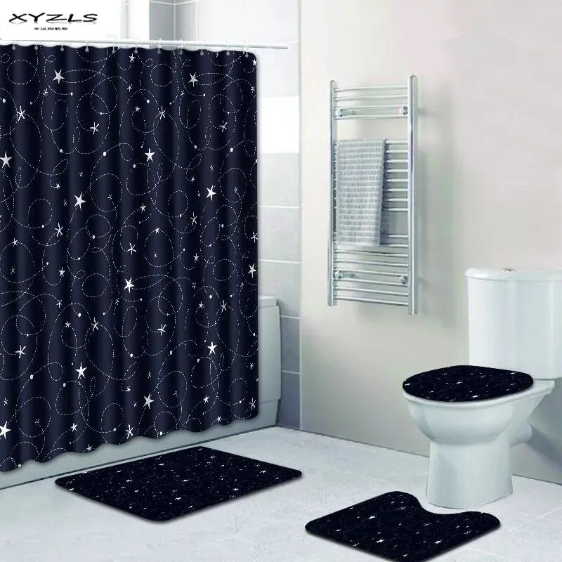 

XYZLS Modern Stars Pattern Shower Curtain Set Polyester Waterproof Bath Curtain 180x180cm With Bathroom Mat Set