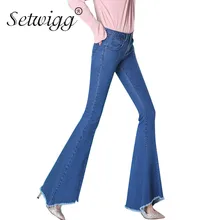 SETWIGG женские хлопковые джинсовые спандекса расклешенные длинные брюки на молнии Patwork асимметричный подол кисточкой трубы женские джинсы