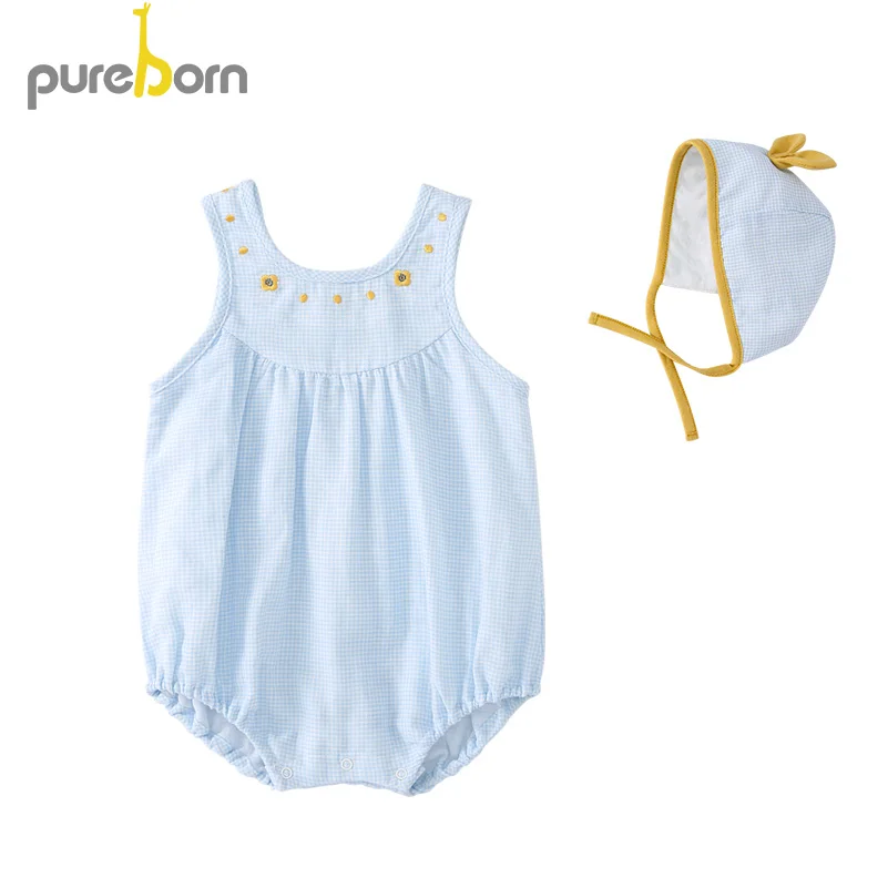 

Pureborn Baby Bodysuit+Hat 2pieces Sleeveless Floral Princess Girls Gingham Onesies Toddler Girls Summer Clothes Gift