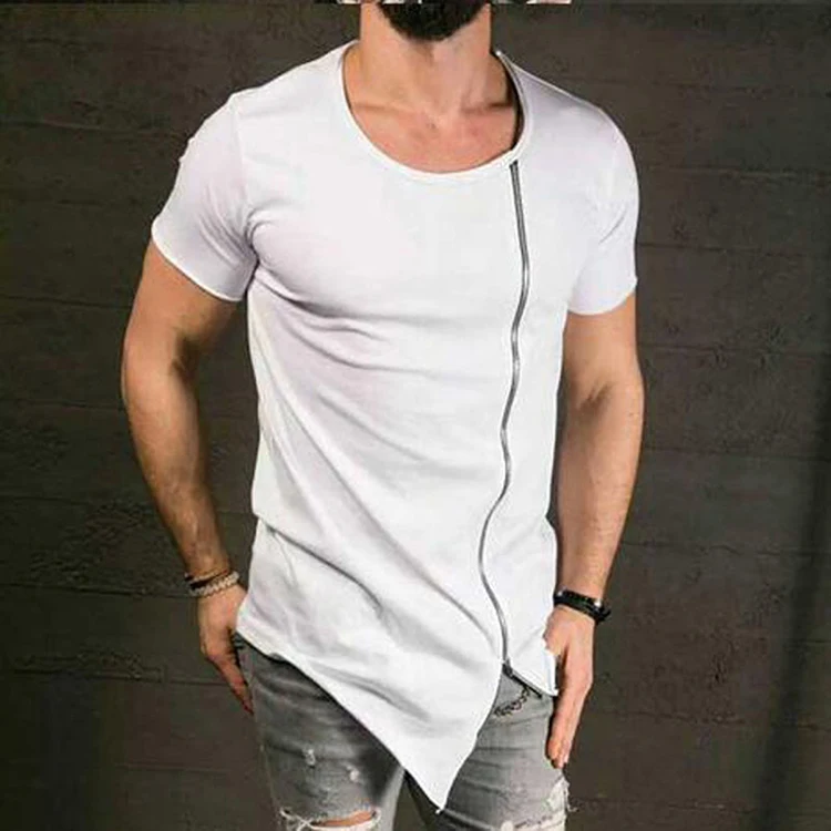 Новая модная Асимметричная мужская длинная футболка с боковой застежкой-молнией, футболка с коротким рукавом, хип-хоп топы, футболка с длинной средней молнией